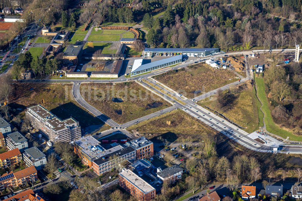 Bochum von oben - Neubau einer Mehrfamilienhaus-Wohnanlage Quartier Feldmark in Bochum im Bundesland Nordrhein-Westfalen, Deutschland