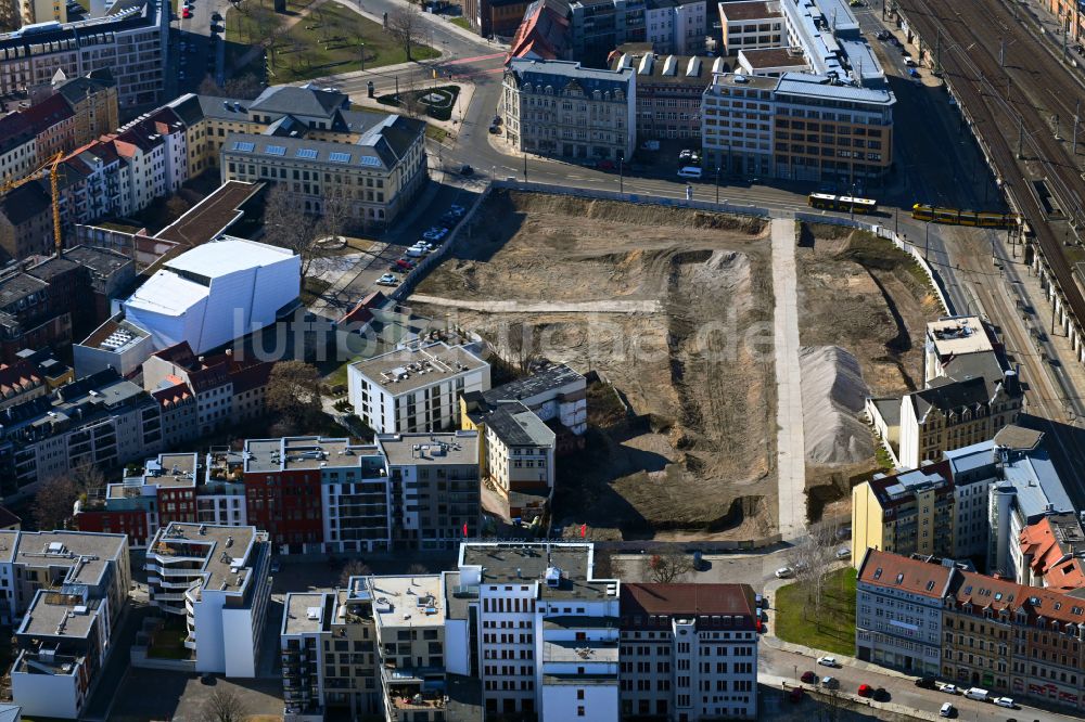 Dresden aus der Vogelperspektive: Neubau einer Mehrfamilienhaus-Wohnanlage Quartier Am Schützengarten in Dresden im Bundesland Sachsen, Deutschland