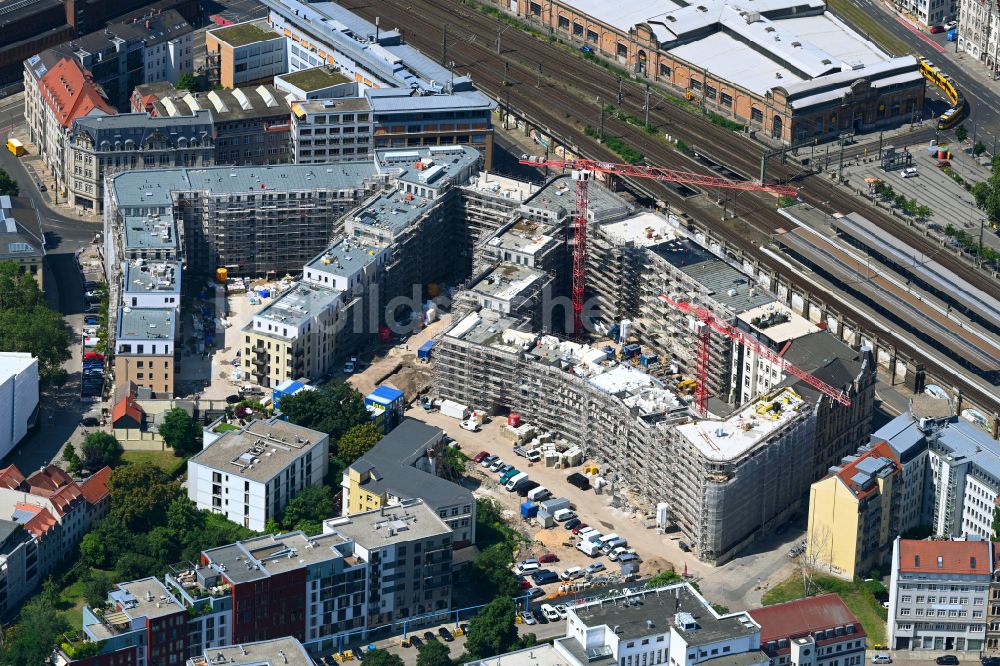 Dresden von oben - Neubau einer Mehrfamilienhaus-Wohnanlage Quartier Am Schützengarten in Dresden im Bundesland Sachsen, Deutschland