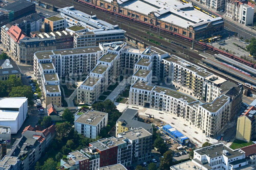 Dresden aus der Vogelperspektive: Neubau einer Mehrfamilienhaus-Wohnanlage Quartier Am Schützengarten in Dresden im Bundesland Sachsen, Deutschland