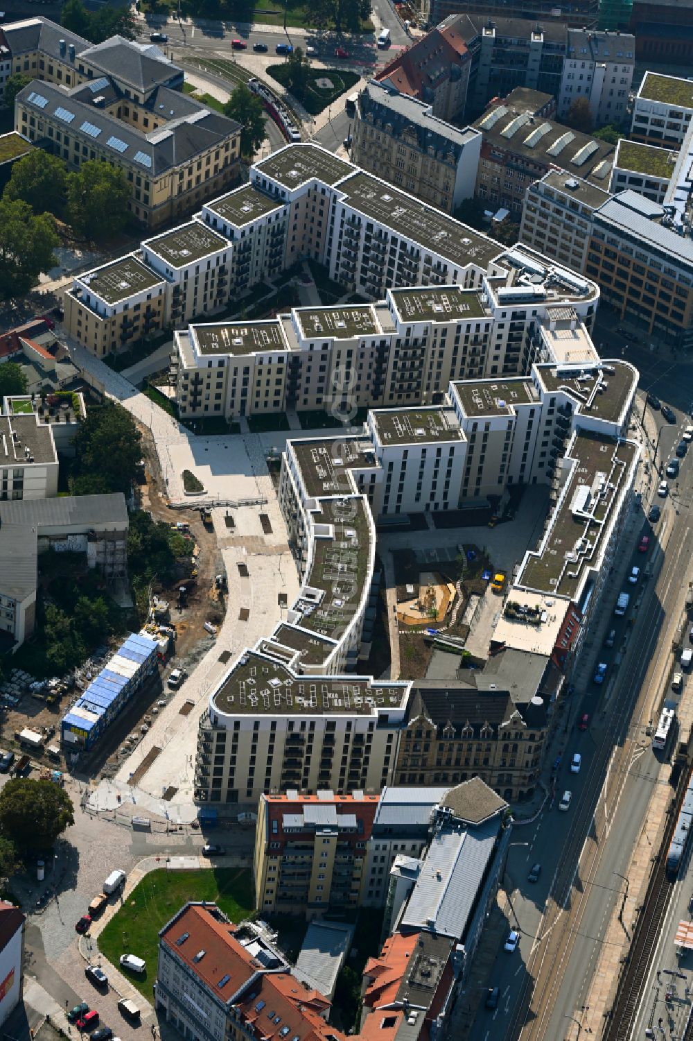 Luftaufnahme Dresden - Neubau einer Mehrfamilienhaus-Wohnanlage Quartier Am Schützengarten in Dresden im Bundesland Sachsen, Deutschland