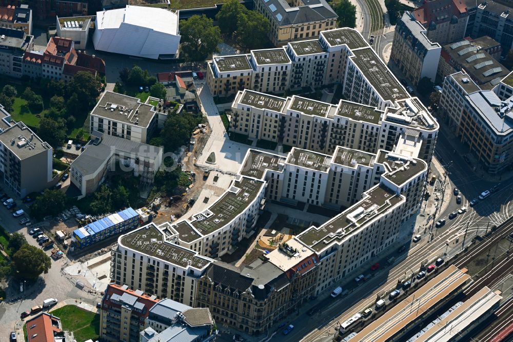 Dresden von oben - Neubau einer Mehrfamilienhaus-Wohnanlage Quartier Am Schützengarten in Dresden im Bundesland Sachsen, Deutschland