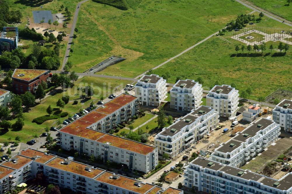 Luftbild Berlin - Neubau einer Mehrfamilienhaus-Wohnanlage zwischen Hasenholzer Allee, Spitzmühler Straße und dem Wiesenpark im Ortsteil Marzahn in Berlin