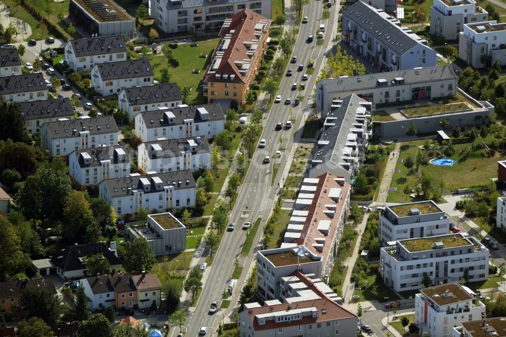 München, Trudering-Riem von oben - Neubau eines Nachbarschaftstreff und Selbsthilfeeinrichtung an der Bajuwarenstraße in München im Bundesland Bayern