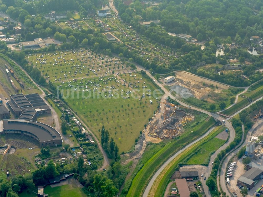 Gelsenkirchen von oben - Neubau einer Pumpwerk- Anlage an der Grimbergstraße am Hüller Bach in Gelsenkirchen im Bundesland Nordrhein-Westfalen