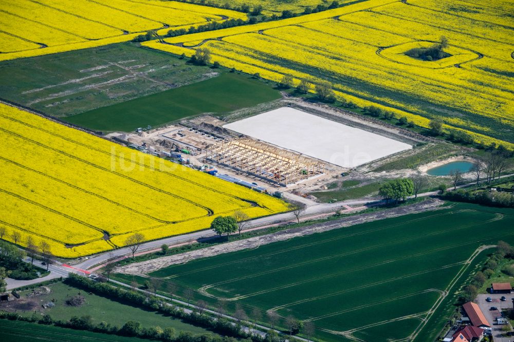 Luftbild Fehmarn - Neubau einer Reitanlage.Feld- Landschaft gelb blühender Raps- Blüten in Fehmarn im Bundesland Schleswig-Holstein, Deutschland