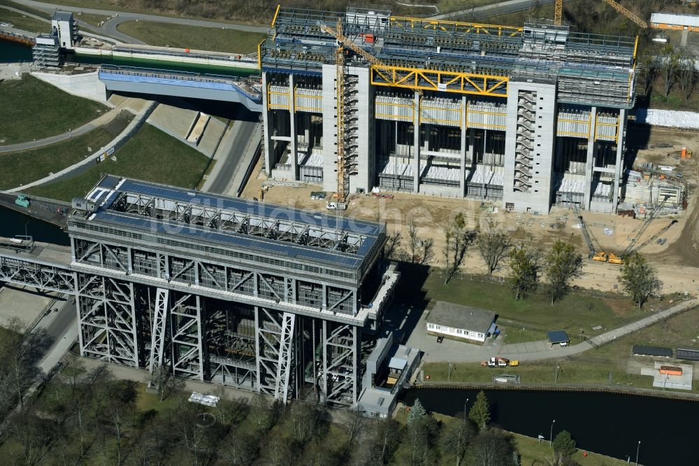 Luftaufnahme Niederfinow - Neubau des Schiffshebewerk Niederfinow am Finowkanal im Bundesland Brandenburg