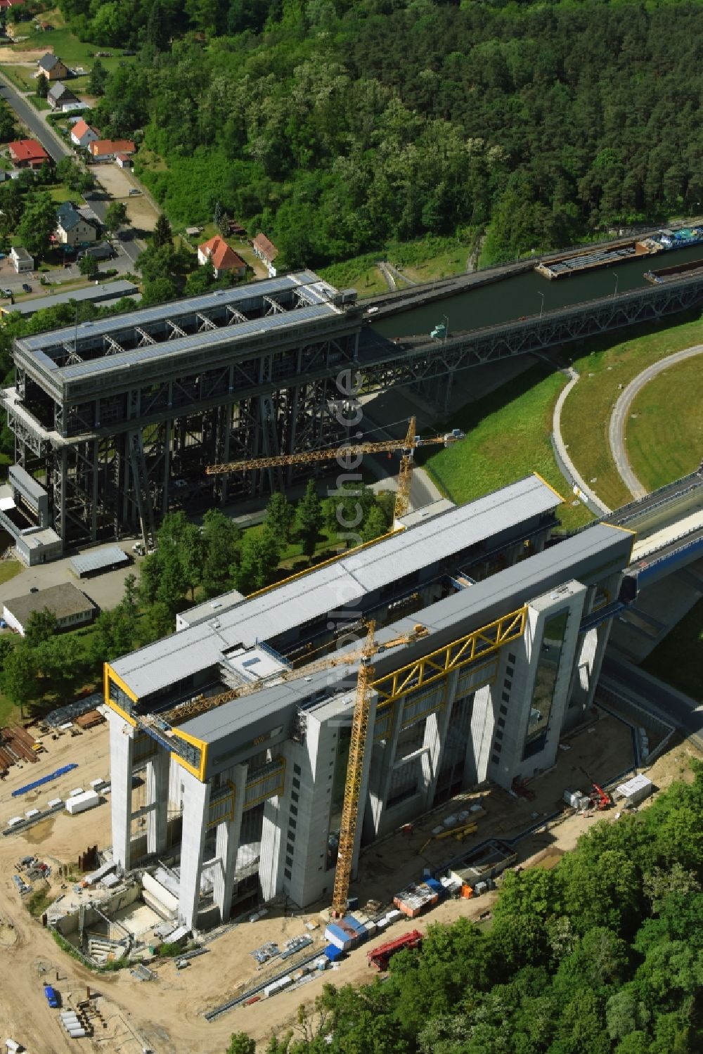 Niederfinow aus der Vogelperspektive: Neubau des Schiffshebewerk Niederfinow am Finowkanal im Bundesland Brandenburg