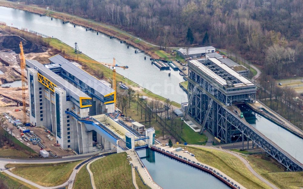 Niederfinow von oben - Neubau des Schiffshebewerk Niederfinow am Finowkanal im Bundesland Brandenburg