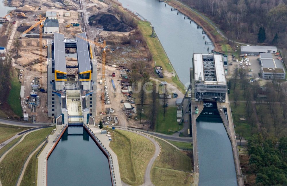 Niederfinow aus der Vogelperspektive: Neubau des Schiffshebewerk Niederfinow am Finowkanal im Bundesland Brandenburg