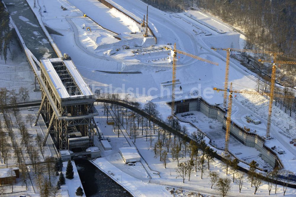 Niederfinow von oben - Neubau des Schiffshebewerkes Niederfinow Nord