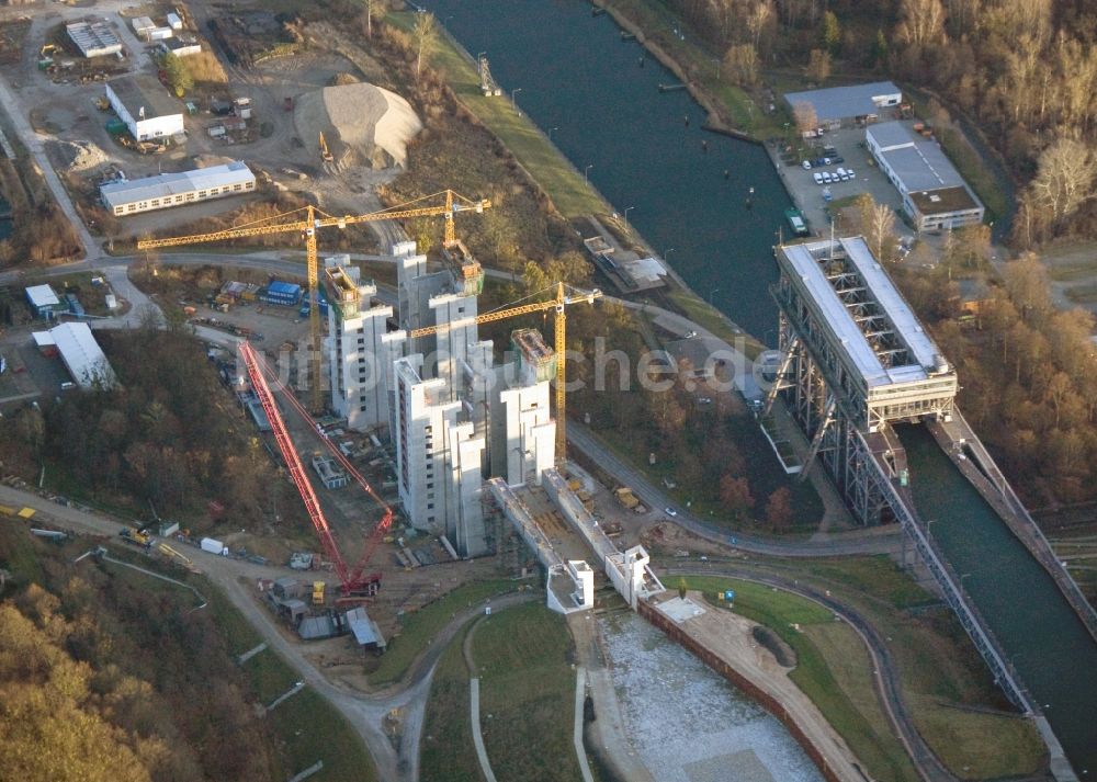 Niederfinow aus der Vogelperspektive: Neubau des Schiffshebewerks Niederfinow am Finowkanal im Bundesland Brandenburg