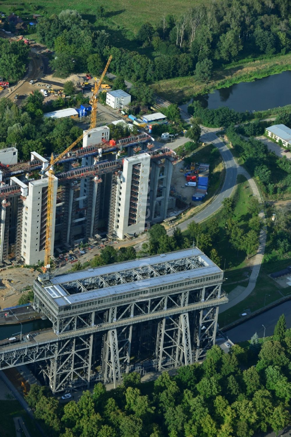 Niederfinow aus der Vogelperspektive: Neubau des Schiffshebewerks Niederfinow am Finowkanal im Bundesland Brandenburg