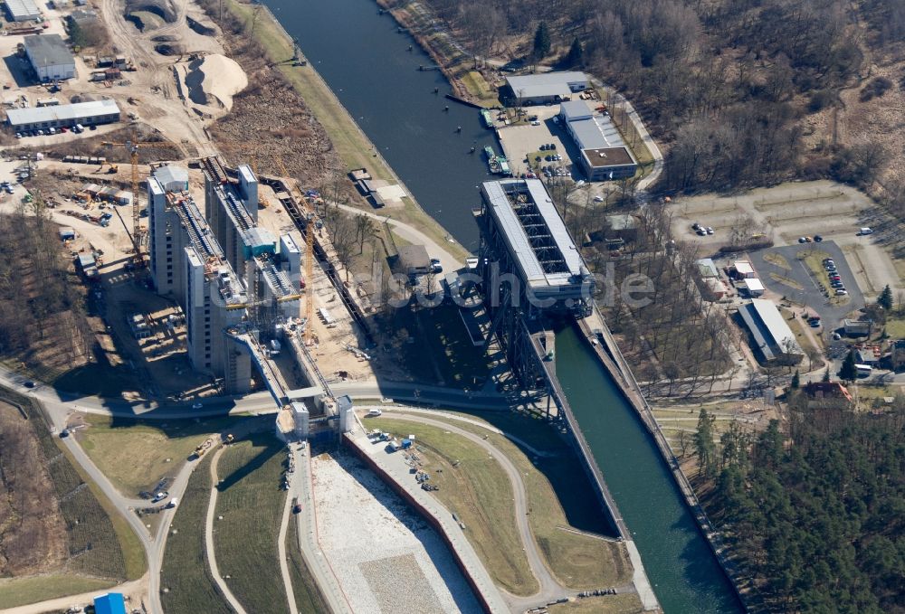 Niederfinow von oben - Neubau des Schiffshebewerks Niederfinow am Finowkanal im Bundesland Brandenburg