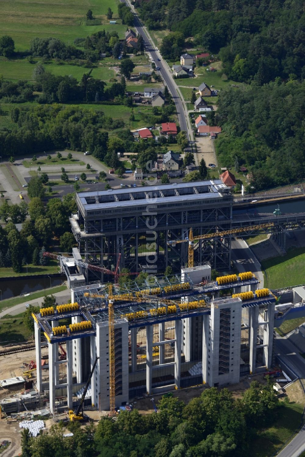 Niederfinow von oben - Neubau des Schiffshebewerks Niederfinow am Finowkanal im Bundesland Brandenburg