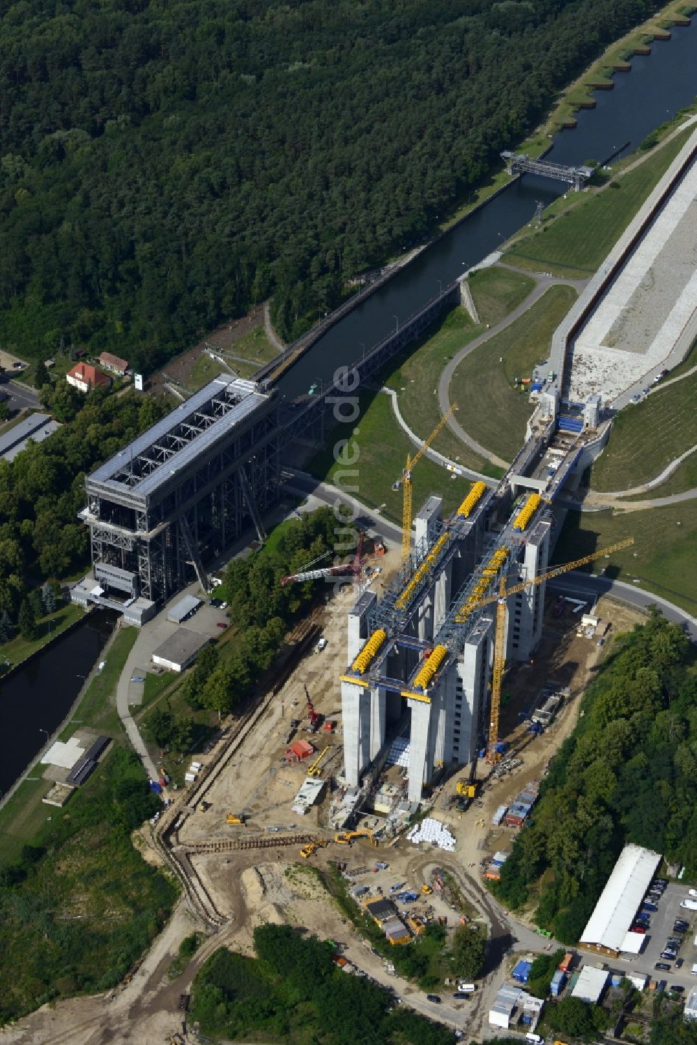 Niederfinow von oben - Neubau des Schiffshebewerks Niederfinow am Finowkanal im Bundesland Brandenburg