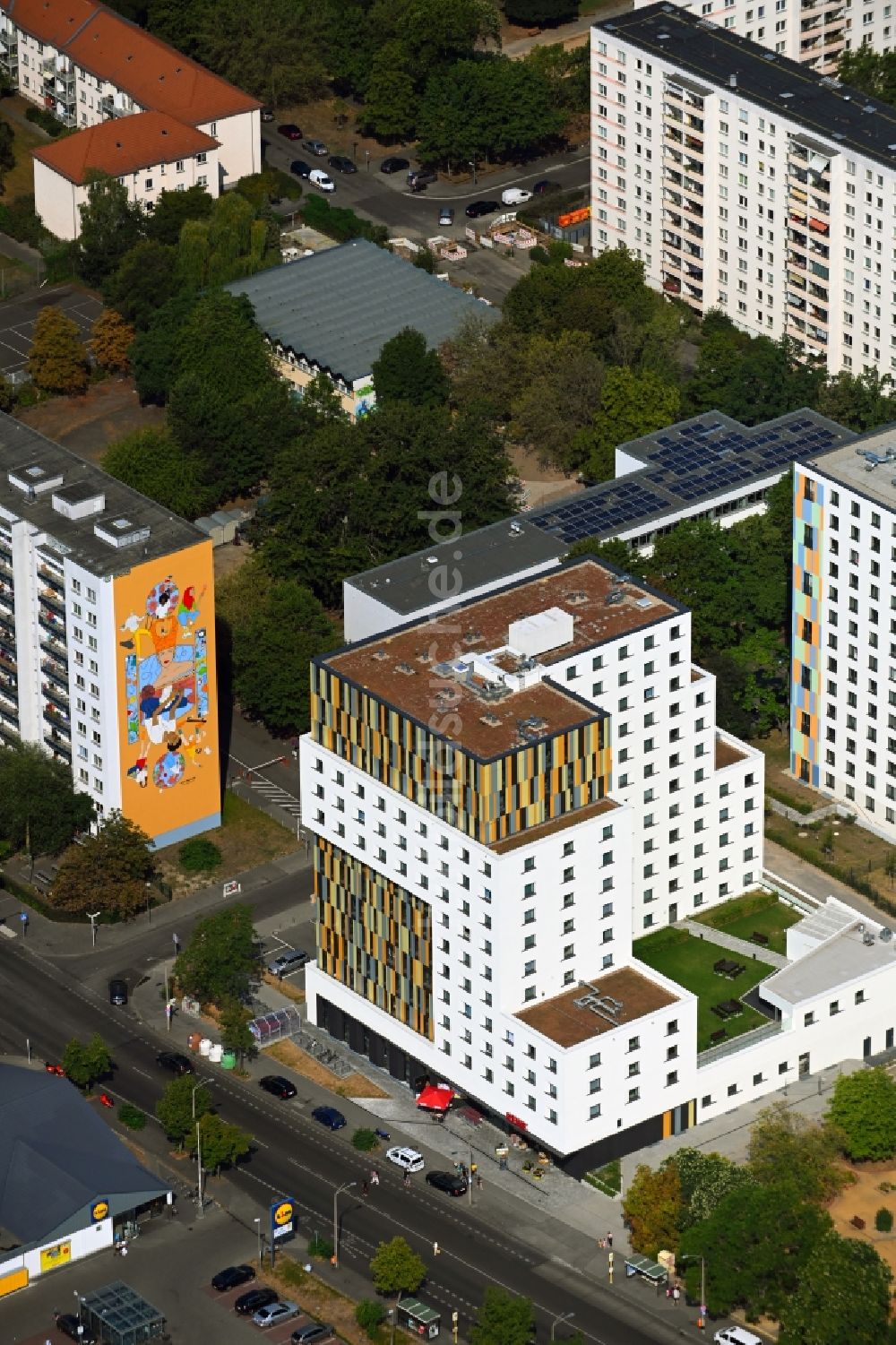 Luftaufnahme Berlin - Neubau eines Studenten- Wohnheim - Gebäude an der Storkower Straße Ecke Alfred-Jung-Straße im Ortsteil Lichtenberg in Berlin, Deutschland