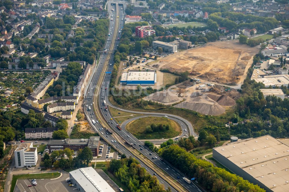 Essen aus der Vogelperspektive: Neubau des Unternehmens- Verwaltungsgebäude ALDI-Nord Campus in Essen im Bundesland Nordrhein-Westfalen, Deutschland