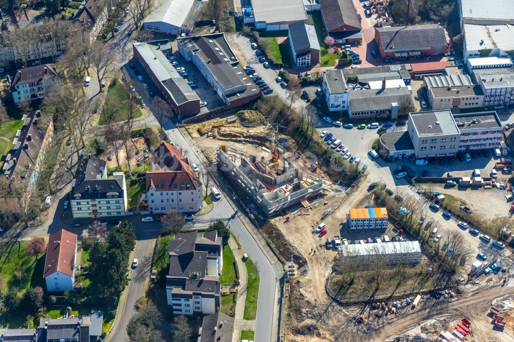 Essen aus der Vogelperspektive: Neubau des Unternehmens-Verwaltungsgebäude ALDI-Nord Campus in Essen im Bundesland Nordrhein-Westfalen, Deutschland