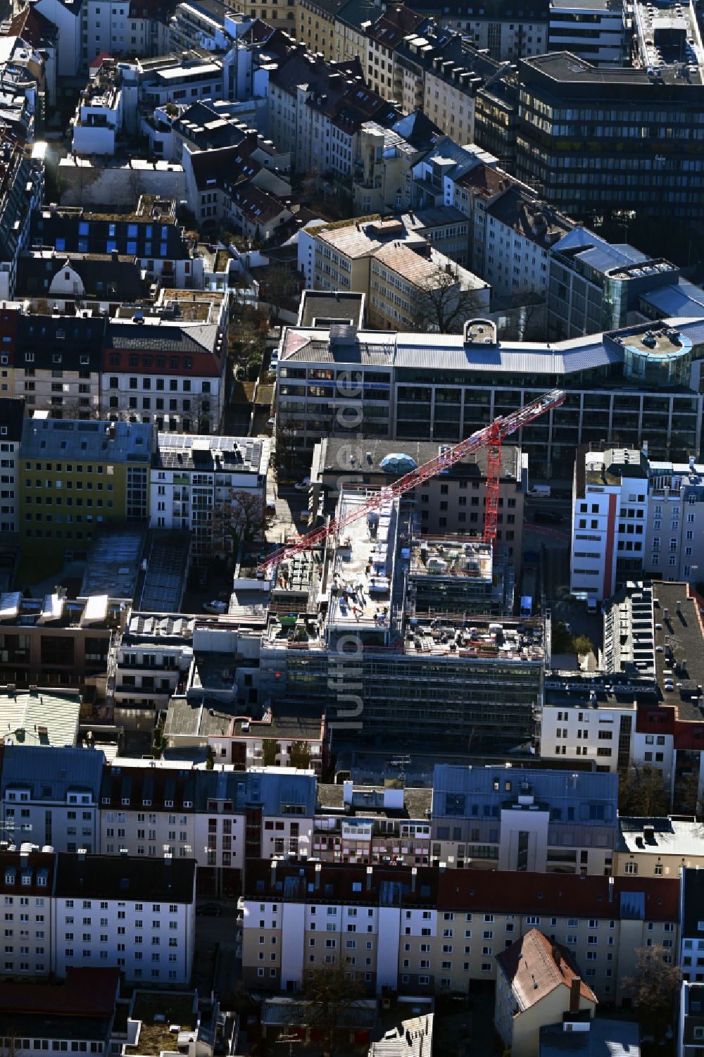 Luftaufnahme München - Neubau Wohn- und Geschäftshaus Haus des Fußballs in München im Bundesland Bayern, Deutschland