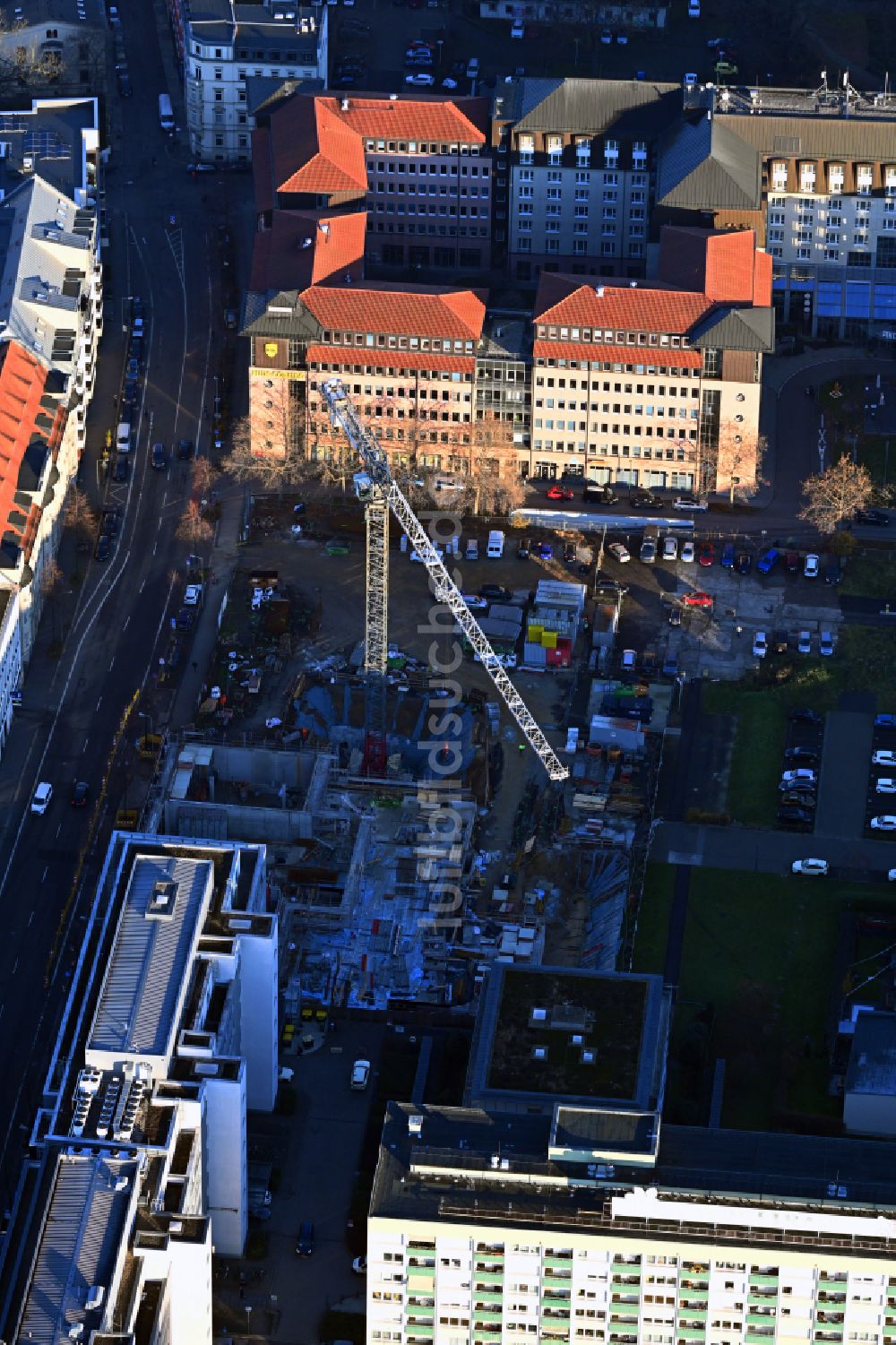 Luftbild Leipzig - Neubau Wohn- und Geschäftshaus im Ortsteil Zentrum in Leipzig im Bundesland Sachsen, Deutschland