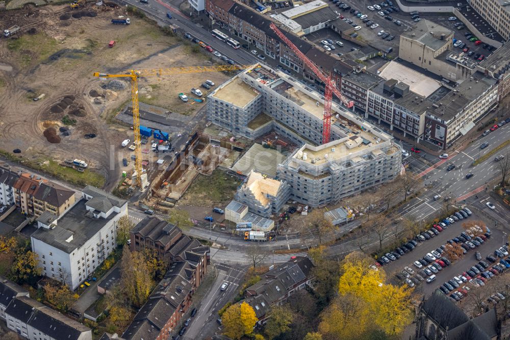 Duisburg aus der Vogelperspektive: Neubau Wohnquartier mit Mehrfamilienhäusern und Wohn- und Geschäftshäusern Mercator Quartier Duisburg im Ortsteil Dellviertel in Duisburg im Bundesland Nordrhein-Westfalen, Deutschland