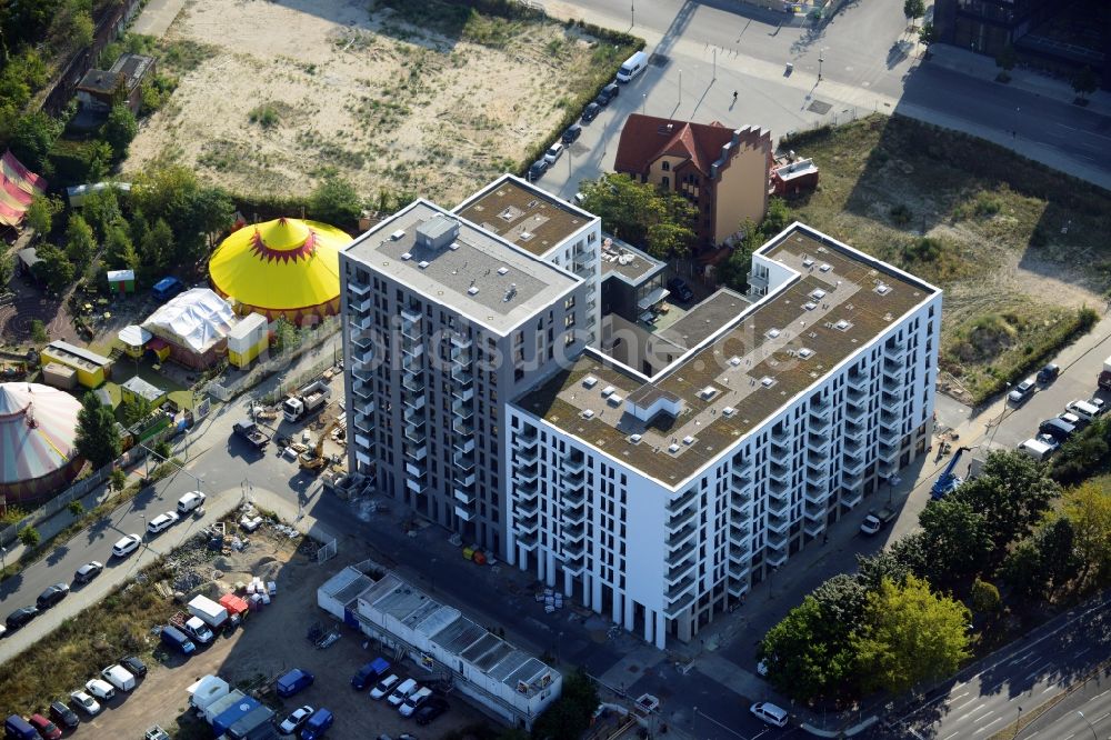 Luftbild Berlin OT Friedrichshain - Neubauprojekt Quartier am Postbahnhof im Ortsteil Fredrichshain in Berlin