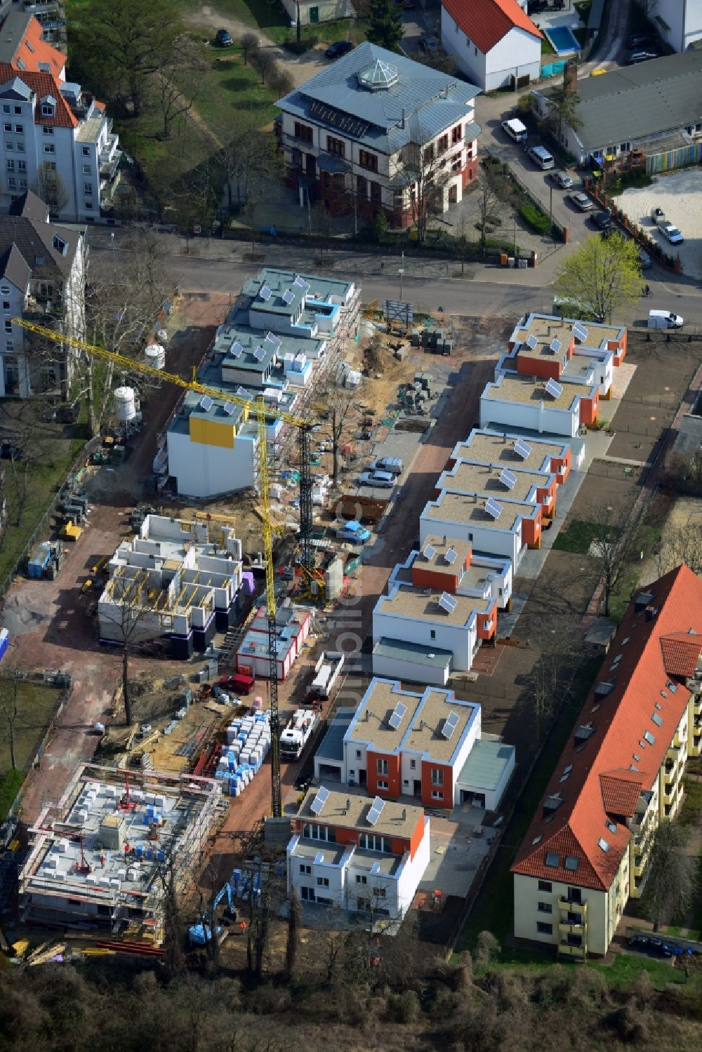 Magdeburg OT Buckau von oben - Neubauprojekt Stadtvillen und Stadthäuser Porsestraße im Ortsteil Buckau in Magdeburg im Bundesland Sachsen-Anhalt