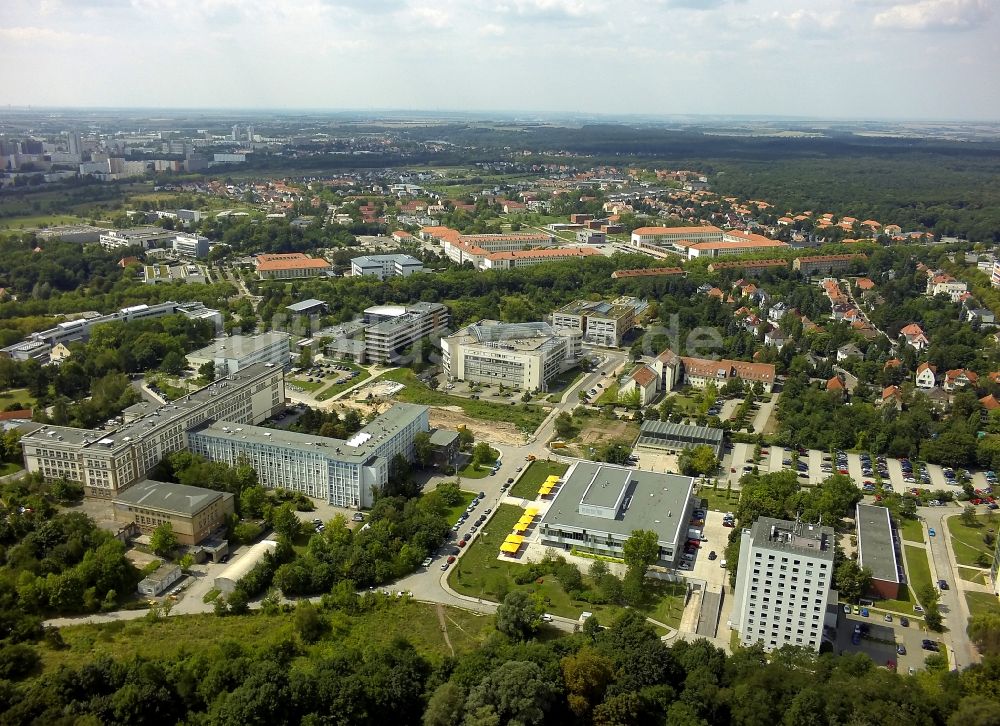 Halle (Saale) von oben - Neubauten am Campus Heide Süd und am Technologiepark Weinberg Campus in Halle (Saale) im Bundesland Sachsen-Anhalt