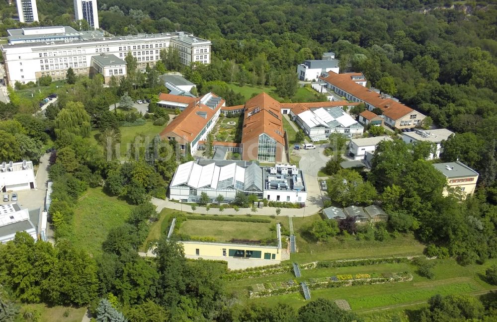 Halle (Saale) von oben - Neubauten am Technologiepark Weinberg Campus in Halle (Saale) im Bundesland Sachsen-Anhalt