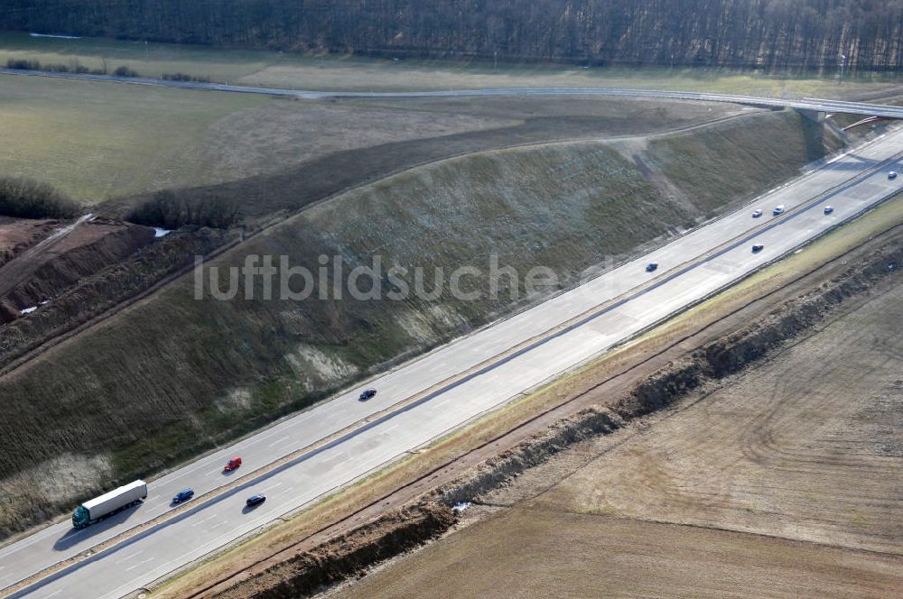 Stregda aus der Vogelperspektive: Neuer A4 -Autobahnverlauf bei Stregda - new A4 motorway course E40 / A4 near Stregda in thuringia