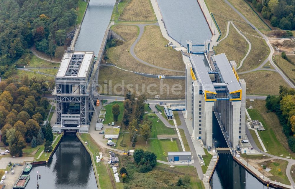 Luftaufnahme Niederfinow - Neues Schiffshebewerk Niederfinow am Finowkanal im Bundesland Brandenburg