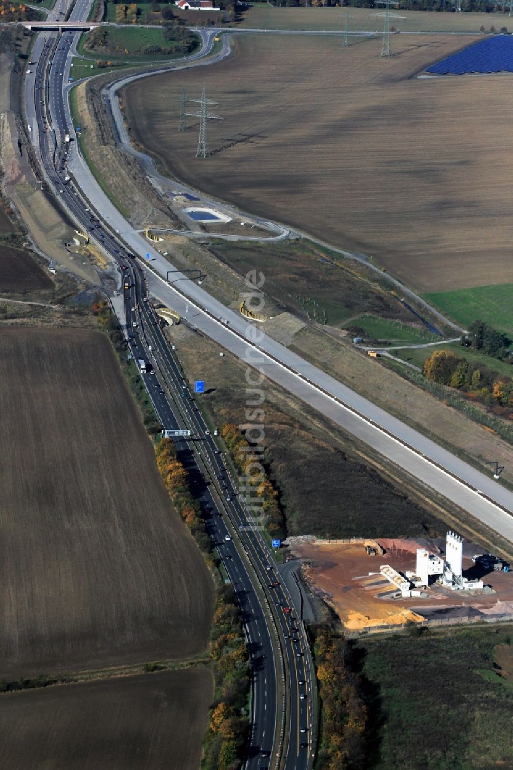 Magdala von oben - Neutrassierung / Verlegung der Bundesautobahn BAB A4 bei Magdala in Thüringen