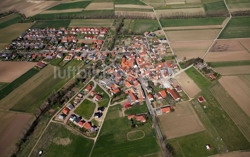 Gumbsheim aus der Vogelperspektive: Ortsansicht von Gumbsheim ist eine Ortsgemeinde im Landkreis Alzey-Worms in Rheinland-Pfalz