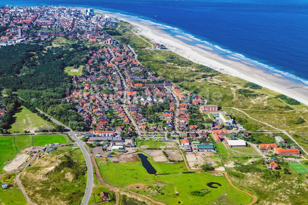 Luftaufnahme Norderney - Ortsansicht höhe der Nordhelmstraße auf der Insel Norderney im Bundesland Niedersachsen, Deutschland