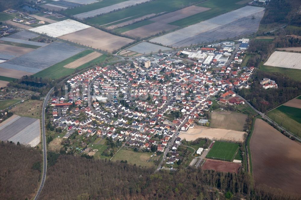 Lampertheim von oben - Ortsansicht des Hufeisenförmig angelegten Ortsteils Hüttenfeld in Lampertheim im Bundesland Hessen, Deutschland