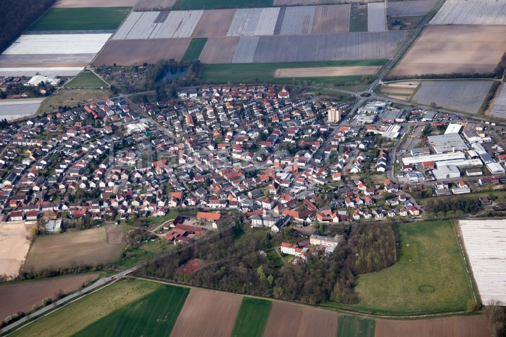 Luftbild Lampertheim - Ortsansicht des Hufeisenförmig angelegten Ortsteils Hüttenfeld in Lampertheim im Bundesland Hessen, Deutschland