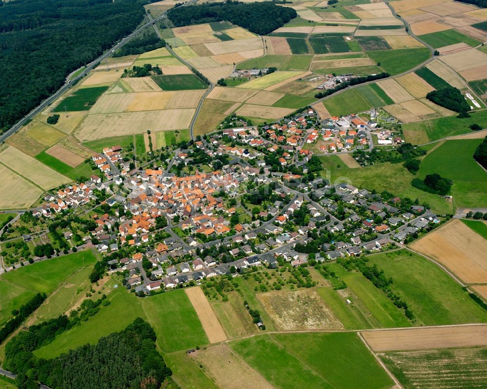 Albach aus der Vogelperspektive: Ortsansicht am Rande von landwirtschaftlichen Feldern in Albach im Bundesland Hessen, Deutschland