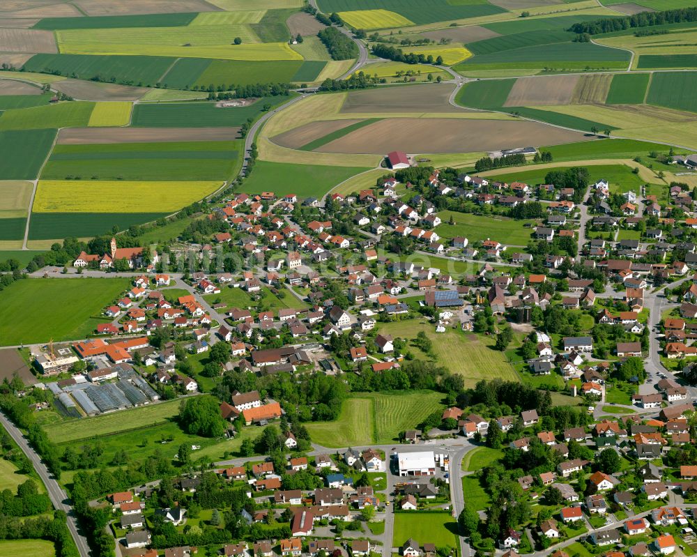 Alberweiler aus der Vogelperspektive: Ortsansicht am Rande von landwirtschaftlichen Feldern in Alberweiler im Bundesland Baden-Württemberg, Deutschland