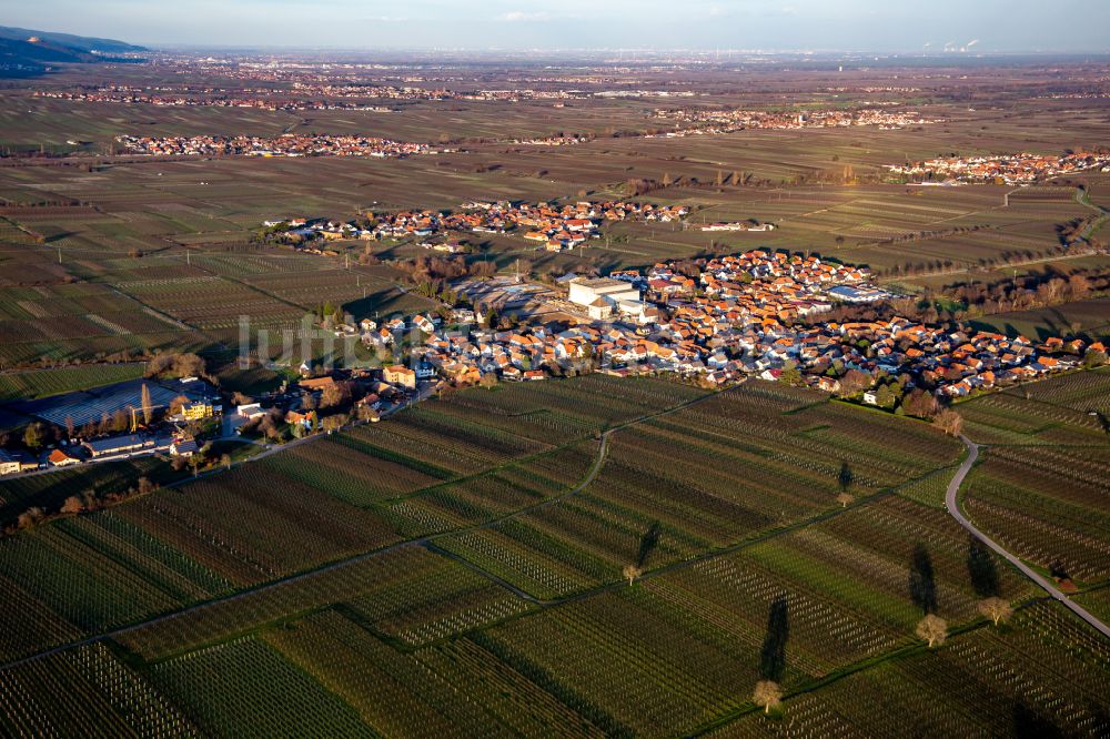 Böchingen von oben - Ortsansicht am Rande von landwirtschaftlichen Feldern in Böchingen im Bundesland Rheinland-Pfalz, Deutschland