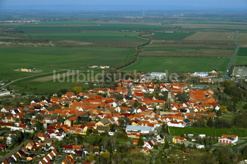 Dachwig von oben - Ortsansicht am Rande von landwirtschaftlichen Feldern in Dachwig im Bundesland Thüringen, Deutschland