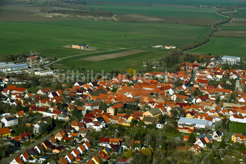 Dachwig aus der Vogelperspektive: Ortsansicht am Rande von landwirtschaftlichen Feldern in Dachwig im Bundesland Thüringen, Deutschland