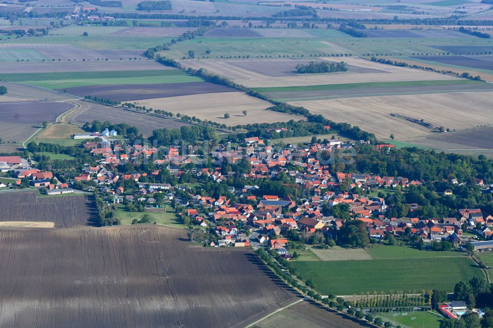 Dedeleben von oben - Ortsansicht am Rande von landwirtschaftlichen Feldern in Dedeleben im Bundesland Sachsen-Anhalt, Deutschland