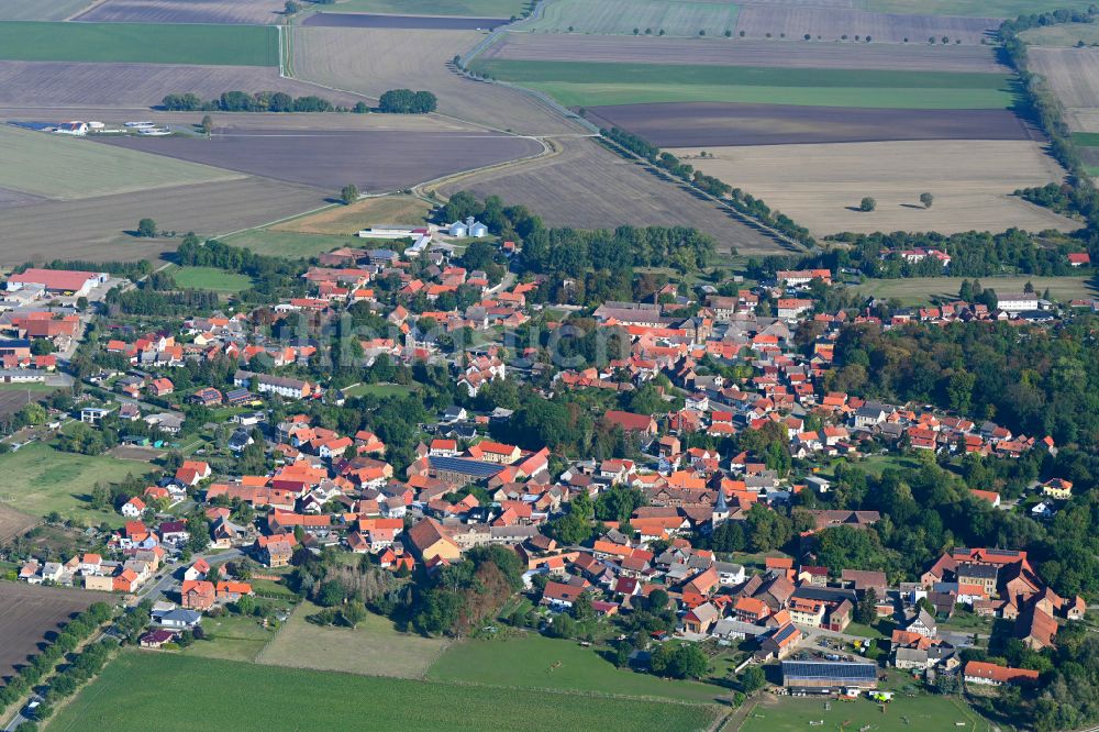 Dedeleben von oben - Ortsansicht am Rande von landwirtschaftlichen Feldern in Dedeleben im Bundesland Sachsen-Anhalt, Deutschland