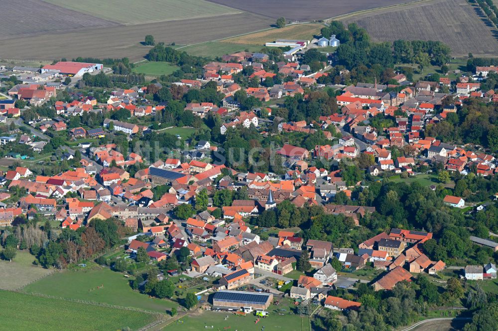 Dedeleben aus der Vogelperspektive: Ortsansicht am Rande von landwirtschaftlichen Feldern in Dedeleben im Bundesland Sachsen-Anhalt, Deutschland