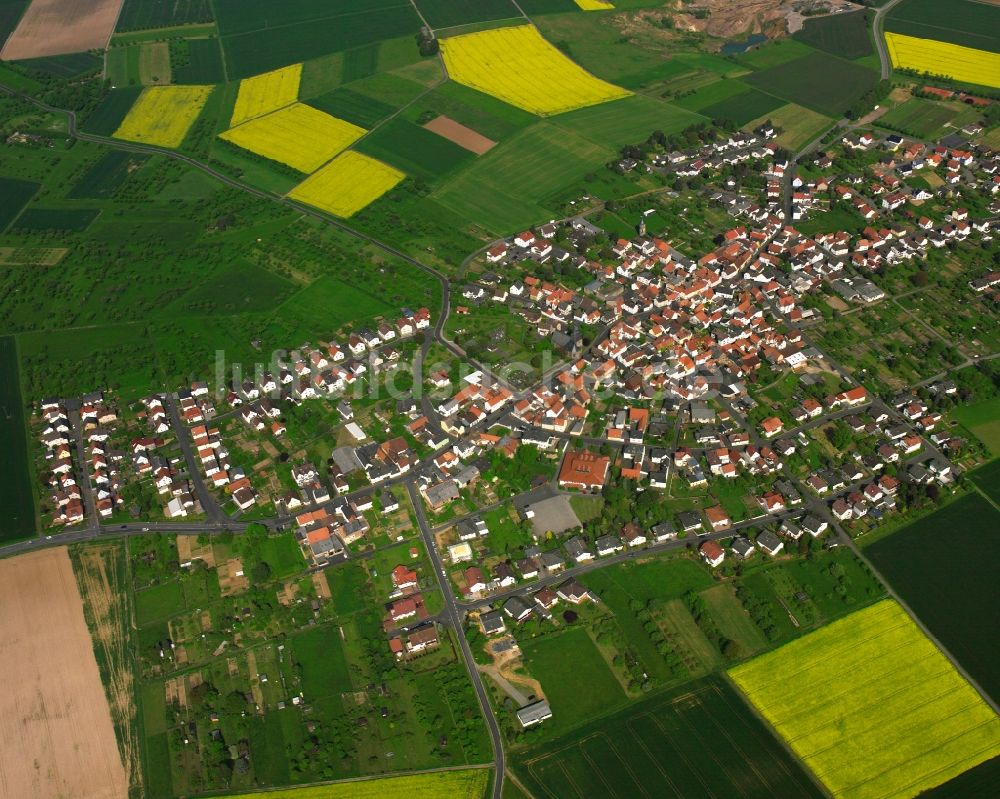 Grüningen aus der Vogelperspektive: Ortsansicht am Rande von landwirtschaftlichen Feldern in Grüningen im Bundesland Hessen, Deutschland