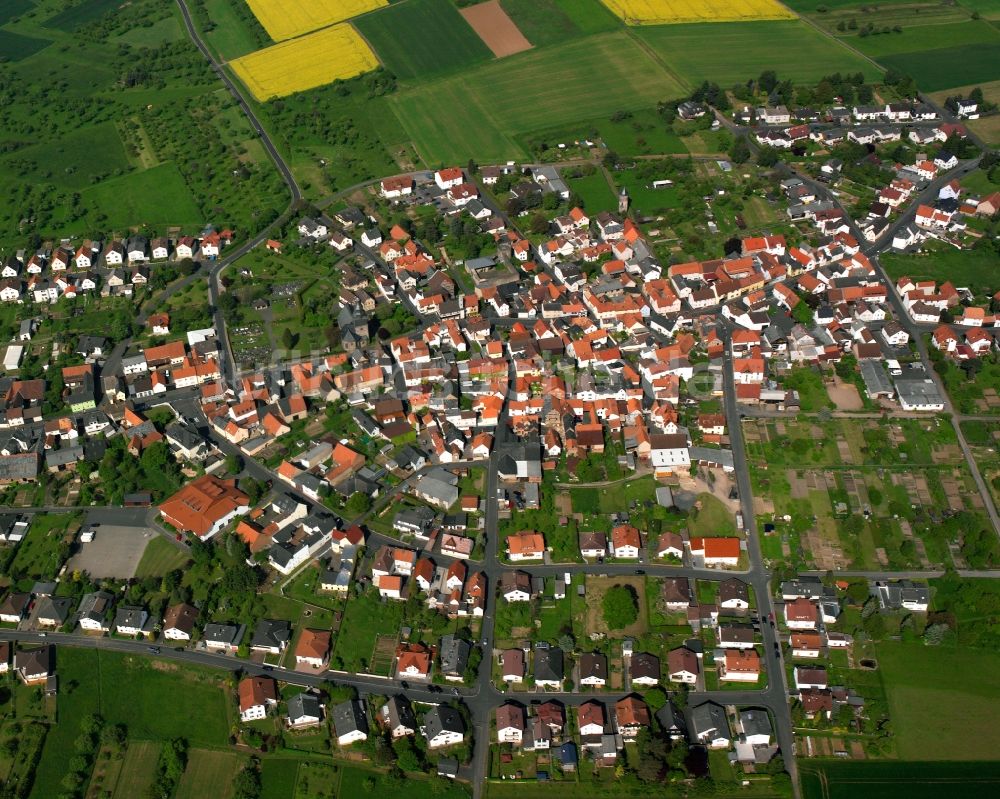 Grüningen von oben - Ortsansicht am Rande von landwirtschaftlichen Feldern in Grüningen im Bundesland Hessen, Deutschland