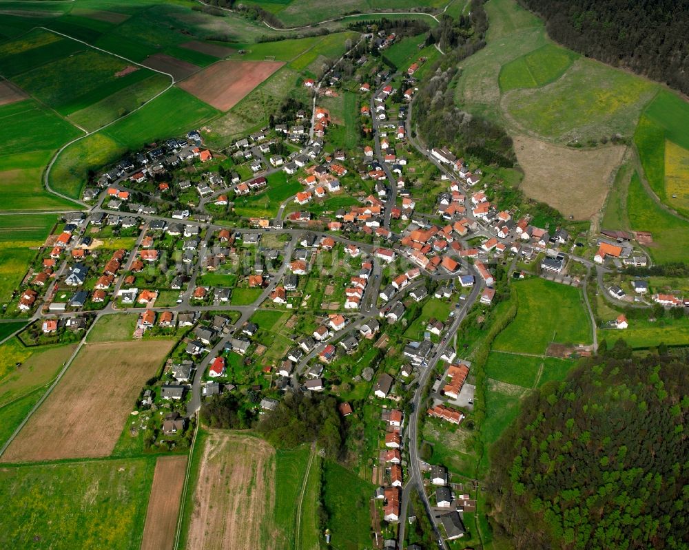 Heenes von oben - Ortsansicht am Rande von landwirtschaftlichen Feldern in Heenes im Bundesland Hessen, Deutschland