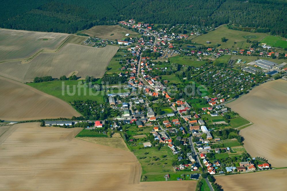 Luftbild Heinersdorf - Ortsansicht am Rande von landwirtschaftlichen Feldern in Heinersdorf im Bundesland Brandenburg, Deutschland