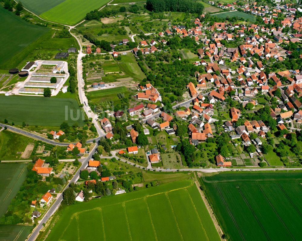 Langeln aus der Vogelperspektive: Ortsansicht am Rande von landwirtschaftlichen Feldern in Langeln im Bundesland Sachsen-Anhalt, Deutschland